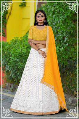 White And Yellow Wedding Wear Chine Sequnce Work Lehengas Choli With Dupatta 1
