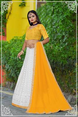 White And Yellow Wedding Wear Chine Sequnce Work Lehengas Choli With Dupatta 2