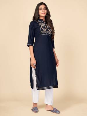 blue Rayon Embroidered stitched   Kurta 4