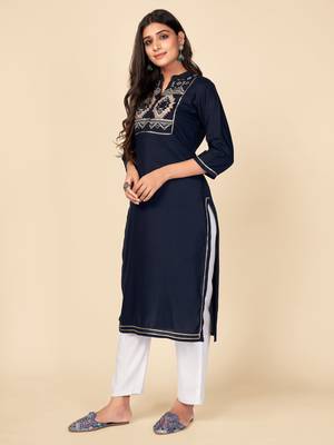 blue Rayon Embroidered stitched   Kurta 5
