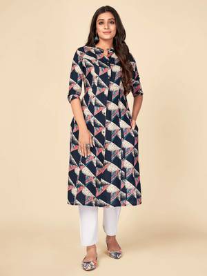 Blue Rayon Printed stitched   Kurta 1