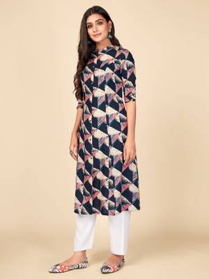 Blue Rayon Printed stitched   Kurta 4