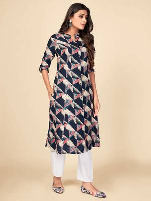 Blue Rayon Printed stitched   Kurta 5