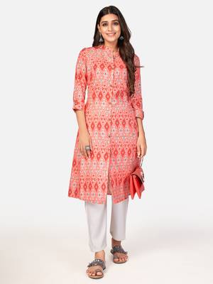 red Cotton Printed stitched   Kurta 1