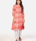 red Cotton Printed stitched   Kurta