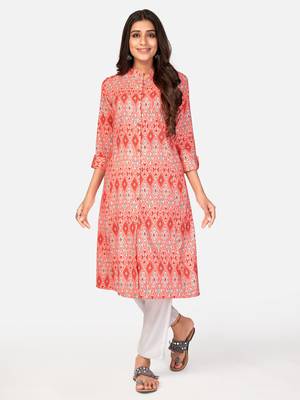 red Cotton Printed stitched   Kurta 2