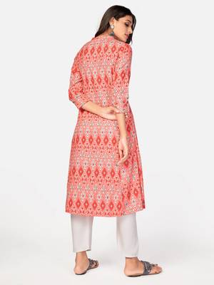 red Cotton Printed stitched   Kurta 3