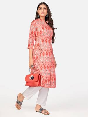 red Cotton Printed stitched   Kurta 4