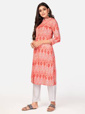 red Cotton Printed stitched   Kurta 5