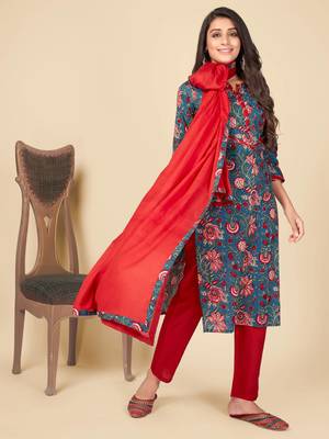 Blue Cotton Printed stitched   Kurta    Pant with dupatta 1