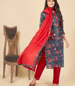 Blue Cotton Printed stitched   Kurta    Pant with dupatta