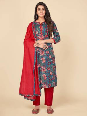 Blue Cotton Printed stitched   Kurta    Pant with dupatta 2