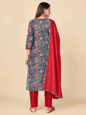 Blue Cotton Printed stitched   Kurta    Pant with dupatta 3