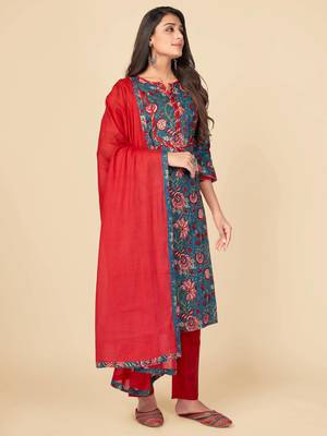 Blue Cotton Printed stitched   Kurta    Pant with dupatta 4