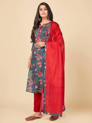 Blue Cotton Printed stitched   Kurta    Pant with dupatta 5