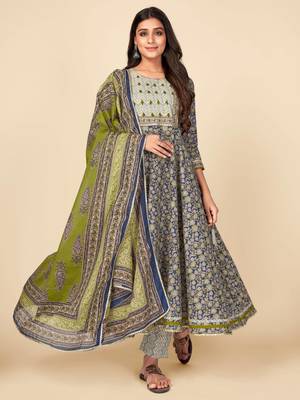Blue Cotton Printed stitched   Kurta    Pant with dupatta 1