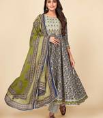 Blue Cotton Printed stitched   Kurta    Pant with dupatta