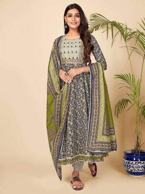 Blue Cotton Printed stitched   Kurta    Pant with dupatta 2