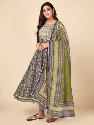 Blue Cotton Printed stitched   Kurta    Pant with dupatta 5