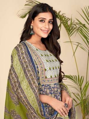 Blue Cotton Printed stitched   Kurta    Pant with dupatta 6