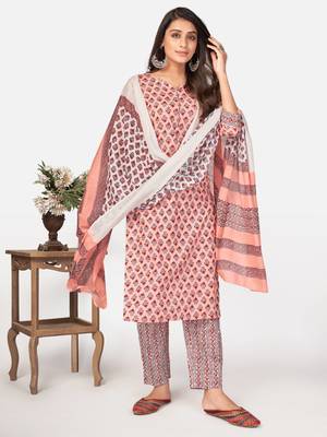 Peach Cotton Printed stitched   Kurta    Pant with dupatta 1