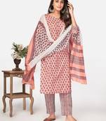 Peach Cotton Printed stitched   Kurta    Pant with dupatta