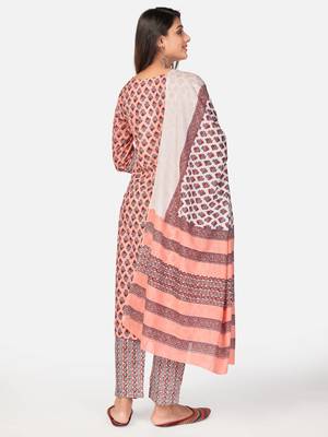 Peach Cotton Printed stitched   Kurta    Pant with dupatta 3