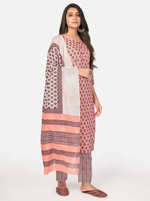Peach Cotton Printed stitched   Kurta    Pant with dupatta 4