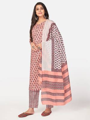 Peach Cotton Printed stitched   Kurta    Pant with dupatta 5