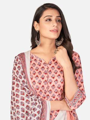 Peach Cotton Printed stitched   Kurta    Pant with dupatta 6