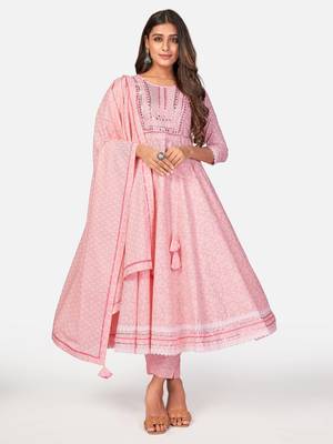 Pink Cotton Printed stitched   Kurta    Pant with dupatta 2