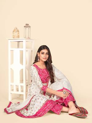 Beige Cotton Printed stitched   Kurta    Pant with dupatta 2