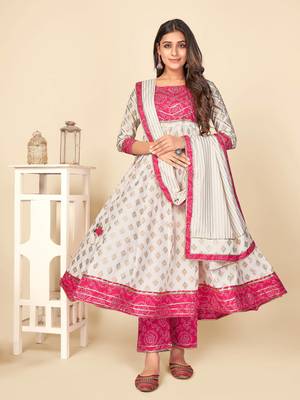 Beige Cotton Printed stitched   Kurta    Pant with dupatta 1