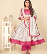 Beige Cotton Printed stitched   Kurta    Pant with dupatta