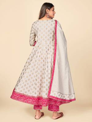 Beige Cotton Printed stitched   Kurta    Pant with dupatta 3