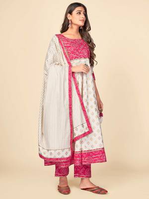 Beige Cotton Printed stitched   Kurta    Pant with dupatta 4