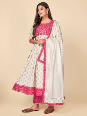 Beige Cotton Printed stitched   Kurta    Pant with dupatta 5