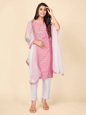 Pink Cotton Printed stitched   Kurta    Pant with dupatta 1