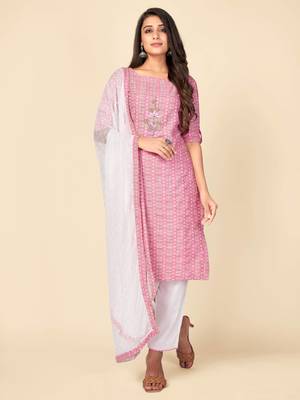 Pink Cotton Printed stitched   Kurta    Pant with dupatta 2