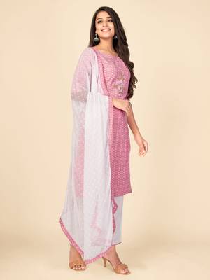 Pink Cotton Printed stitched   Kurta    Pant with dupatta 4