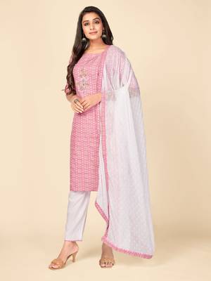 Pink Cotton Printed stitched   Kurta    Pant with dupatta 5