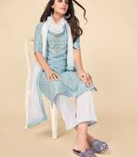 blue Cotton Printed stitched   Kurta    Pant with dupatta