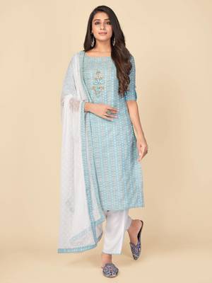 blue Cotton Printed stitched   Kurta    Pant with dupatta 2
