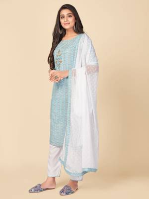 blue Cotton Printed stitched   Kurta    Pant with dupatta 5