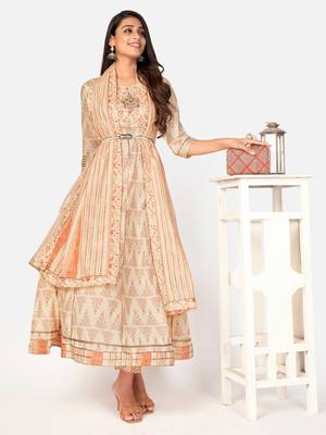 Beige Cotton Printed stitched   Kurta    Pant with dupatta 1