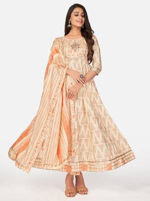 Beige Cotton Printed stitched   Kurta    Pant with dupatta 2