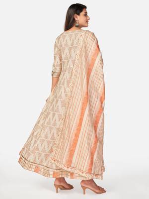 Beige Cotton Printed stitched   Kurta    Pant with dupatta 3