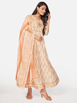 Beige Cotton Printed stitched   Kurta    Pant with dupatta 4