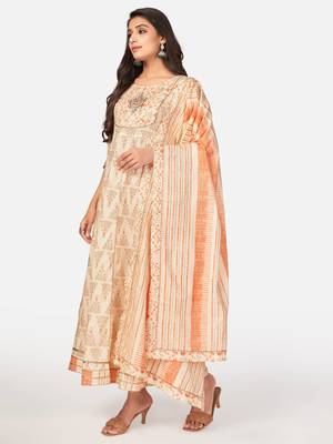 Beige Cotton Printed stitched   Kurta    Pant with dupatta 5
