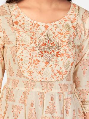 Beige Cotton Printed stitched   Kurta    Pant with dupatta 7